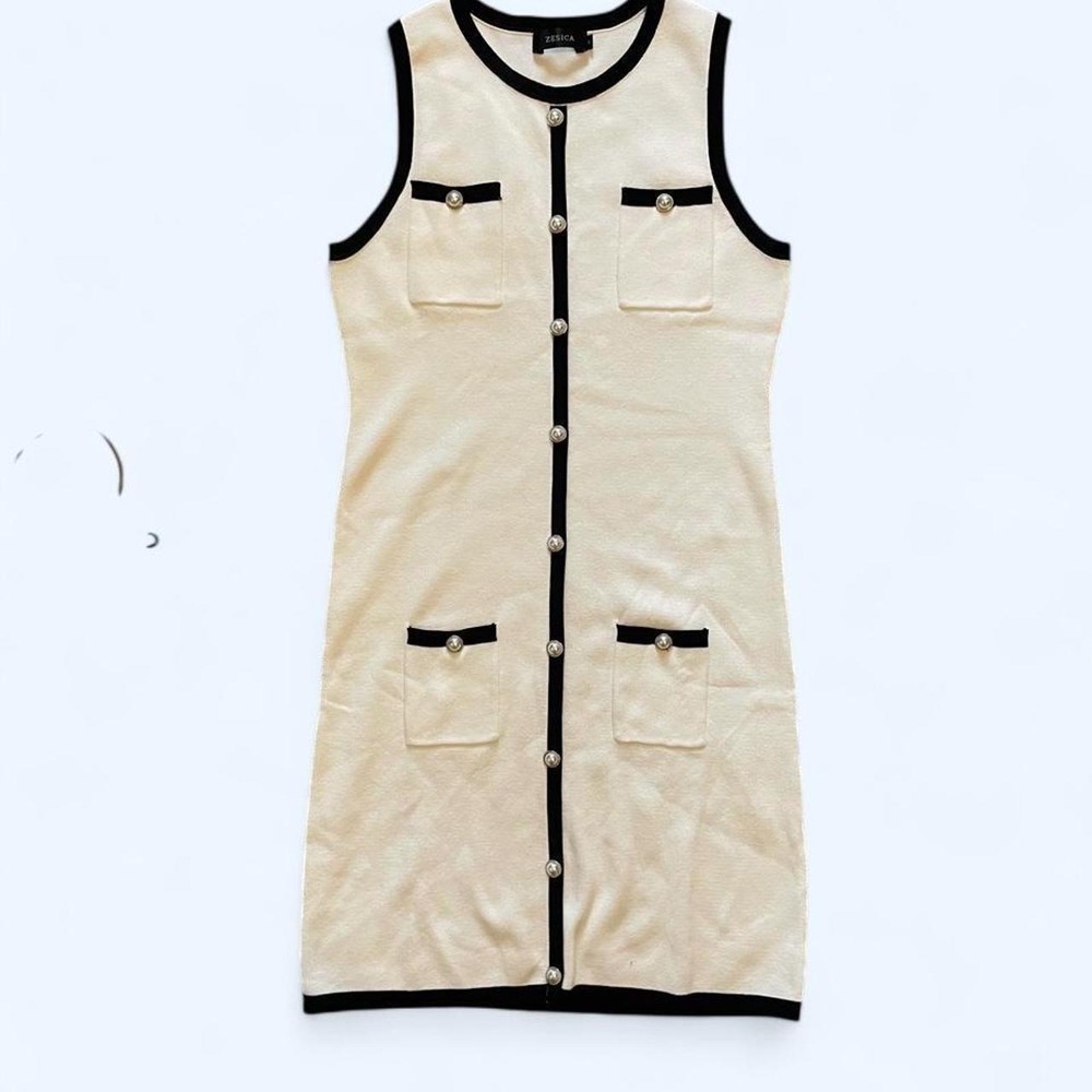 White with black trim mini dress pearl buttons size S by Zesica